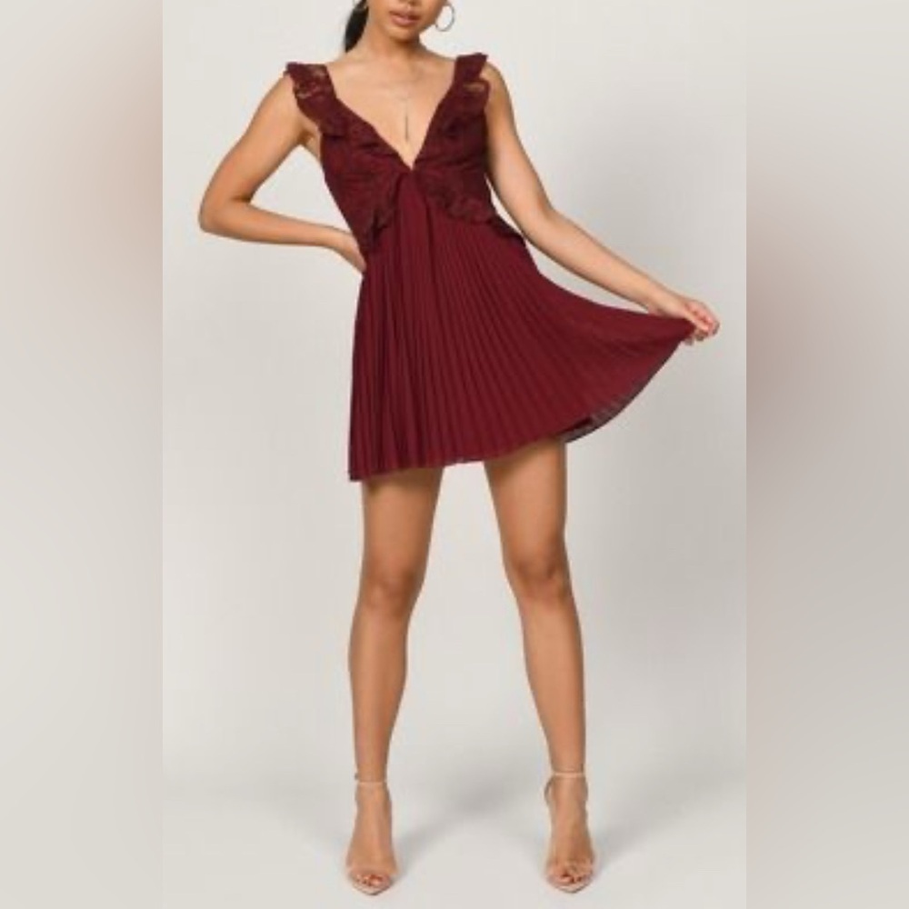 TOBI JUST US TWO LACE SKATER MINI DRESS BURGUNDY, SMALL - Picture 1 of 10